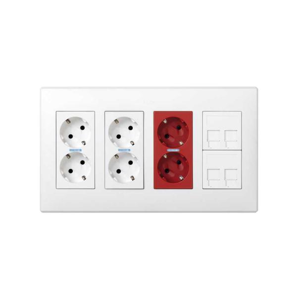 Kit caja pared superficie-empotrar 4 elementos dobles con 2 enchufes dobles,1 SAI doble y 2 placas 2 RJ45 blanco Simon 500 Cima